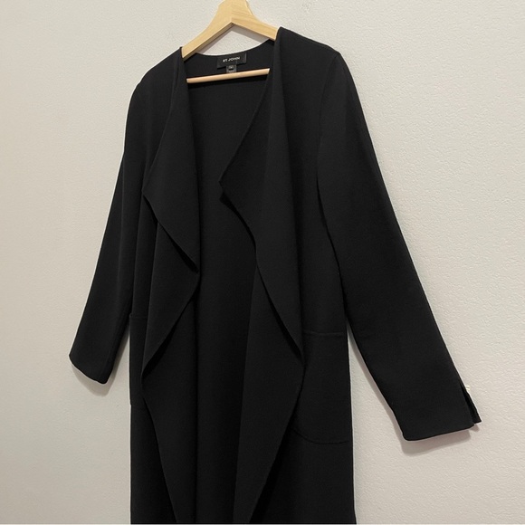 St. John Coatigan 100% Wool Black Knit Cardigan Jacket Long Line Womens 10 - Picture 3 of 13
